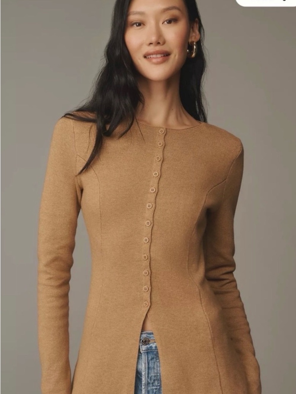 Camel Button-Front Fitted Cardigan Sweater - Women